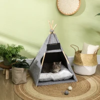 PawHut Pet Teepee Tent Cat Cave Small Dog Bed with Thick Cushion, Name Chalkboard for Kitten and Puppy Grey(m-7)