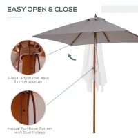 Outsunny 6.6 x 5ft Fir Wooden Patio Umbrella Market Parasol Tilt Mechanism 6 Ribs Garden Sunshade, Grey(m-6)