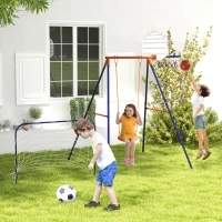 Outsunny Kids Swing Outdoor with Swing Seat, Basketball Hoop and Football Goal, Ground Stakes for 3-8 Years Old(m-1)
