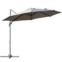 Outsunny Φ9.6' Round Patio Hanging Offset Umbrella Aluminum Outdoor Cantilever Crank Market Parasol Garden Sun Canopy Shelter 360° Rotation w/ Cross Base Grey(m-2)