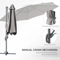 Outsunny Φ9.6' Round Patio Hanging Offset Umbrella Aluminum Outdoor Cantilever Crank Market Parasol Garden Sun Canopy Shelter 360° Rotation w/ Cross Base Grey(m-6)