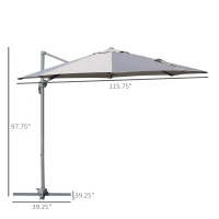 Outsunny Φ9.6' Round Patio Hanging Offset Umbrella Aluminum Outdoor Cantilever Crank Market Parasol Garden Sun Canopy Shelter 360° Rotation w/ Cross Base Grey(m-3)