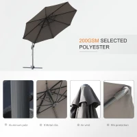Outsunny Φ9.6' Round Patio Hanging Offset Umbrella Aluminum Outdoor Cantilever Crank Market Parasol Garden Sun Canopy Shelter 360° Rotation w/ Cross Base Grey(m-7)