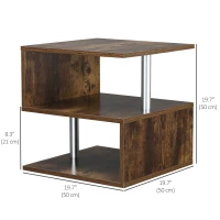 HOMCOM End Coffee Table S Shaped Stand Storage Shelves Organizer Living Room Oak Brown(m-3)