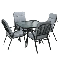 Outsunny 5 Piece Outdoor Square Garden Dining Set w/ Tempered Glass Dining Table 4 Cushioned Armchairs, Umbrella Hole, Grey(m-2)