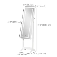 HOMCOM Lockable Jewellery Armoire with LED Light, Standing Mirror with Storage for Bedroom Dressing Room, White(m-3)