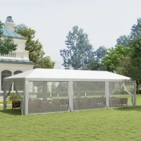 Outsunny 10' x 28' Outdoor Canopy, Party Tent, Garden Sun Shade with 8 Mosquito Mesh Netting and Zipper Door, White(m-1)