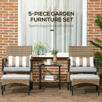 Outsunny 5 Piece PE Rattan Garden Furniture Set, 2 Armchairs,2 Stools, Steel Tabletop with Wicker Shelf, Padded Outdoor Seating, Khaki(m-4)