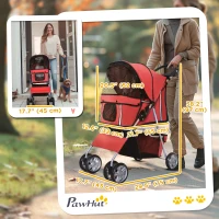 PawHut 4 Wheel Dog Pet Stroller Dog Cat Carrier Folding Sunshade Canopy with Brake, Red(m-3)