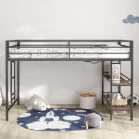 Junior Twin Loft Metal Bunk Bed Frame with Cinnamon Wood Shelf, Full-Length Guardrails, Anti-Noise Design, Easy Assembly, 76.69″ L x 40.94″ W x 49.49″ H, Black(m-5)