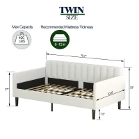 Elena Twin Size Upholstered Daybed Frame, Ribbed Tufted Backrest, Boucle Fabric, Durable Metal Frame, Easy Assembly, Ivory(m-3)