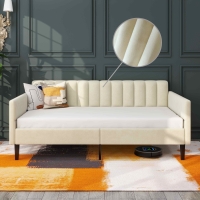 Elena Twin Size Velvet Upholstered Daybed Frame with Ribbed Tufted Backrest, Squeak-Free Durable Metal Frame, Bentwood Slat System, Easy Assembly, Ivory