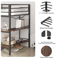 Junior Twin Loft Metal Bunk Bed Frame with Cinnamon Wood Shelf, Full-Length Guardrails, Anti-Noise Design, Easy Assembly, 76.69″ L x 40.94″ W x 49.49″ H, Black(m-4)