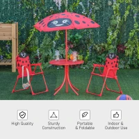 Outsunny Kids Folding Picnic Table and Chair Set Pattern Outdoor Garden Patio Backyard with Removable & Height Adjustable Sun Umbrella Red(m-4)