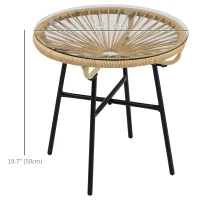 Outsunny Rattan Side Table, Round Outdoor Table, with Round PE Rattan and Tempered Glass Table Top for Patio, Garden, Beige(m-3)