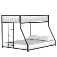 Twin Over Full Bunk Metal Bed Frame with Mesh Guard Rail, Adjustable Ladder, and Noise-Reducing EVA Pad, for Kids Bedrooms, Black(m-2)