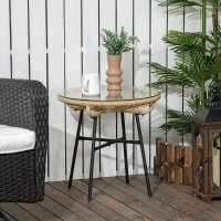 Outsunny Rattan Side Table, Round Outdoor Table, with Round PE Rattan and Tempered Glass Table Top for Patio, Garden, Beige(m-1)