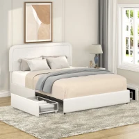 Liv Queen Size 2-Drawer Storage Bed Frame with Curved Tufted Headboard, Patented Boucle Upholstered Platform Bed, Wooden Slat Support, No Box Spring Needed, Ivory(m-1)