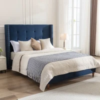 Upholstered Queen Bed Frame with Velvet 54" High Headboard, Traditional Hand Buttoned Tufting, Nailhead Trim Wingback, No Box Spring Needed, Blue(m-1)