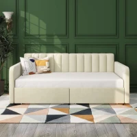 Flora Twin Size Upholstered Daybed Frame with 2 Drawers, Ribbed Tufted Backrest, Dust-Proof Drawers, Easy Assembly, Ivory(m-1)