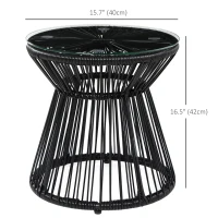 Outsunny Round End Table, Rattan Side Table, Hollow Drum Design Coffee Table w/ Glass Tabletop for Patio, Garden, Balcony, Black(m-3)