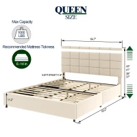 Queen Size Velvet Upholstered Platform Bed Frame with 4 Storage Drawers, Adjustable Headboard, Wooden Slat Support, No Box Spring Required, 64.7"L x 83.2"W x 37/43"H, Ivory(m-3)