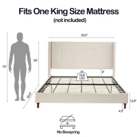 Peyton Upholstered King Bed Frame with 54" High Headboard, Traditional Hand Buttoned Tufting, Nailhead Trim Wingback, No Box Spring Needed, Easy Assembly, Ivory Velvet, 85.8″ L x 83.6″ W x 54.0″ H, Ivory(m-3)
