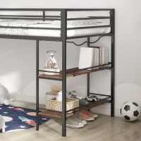Junior Twin Loft Metal Bunk Bed Frame with Cinnamon Wood Shelf, Full-Length Guardrails, Anti-Noise Design, Easy Assembly, 76.69″ L x 40.94″ W x 49.49″ H, Black(m-6)