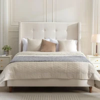Peyton Upholstered Queen Bed Frame with 54" High Headboard, Hand Buttoned Tufting, Nailhead Trim Wingback, No Box Spring Needed, Easy Assembly, Ivory Velvet, Ivory(m-4)