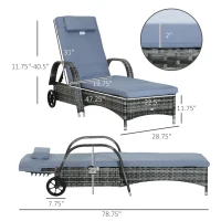 Outsunny Wicker Chaise Lounger 2 PC with Cushion Pillow Headrest Armrests and Wheels for Garden and Pool Gray(m-3)