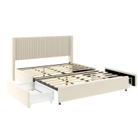Queen Size Velvet Upholstered Platform Bed Frame with 2 Drawers, Wingback Headboard, Wooden Slat Support, No Box Spring Needed, 84.4″ L x 64.7″ W x 39.0″ H, Ivory(m-9)