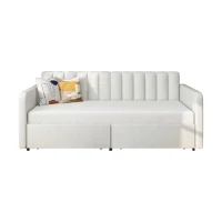 Flora Twin Size Upholstered Daybed Frame with 2 Drawers, Ribbed Tufted Backrest, Dust-Proof Drawers, Bentwood Slat System, Easy Assembly, Ivory(m-2)