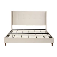 Peyton Upholstered King Bed Frame with 54" High Headboard, Traditional Hand Buttoned Tufting, Nailhead Trim Wingback, No Box Spring Needed, Easy Assembly, Ivory Velvet, 85.8″ L x 83.6″ W x 54.0″ H, Ivory(m-9)