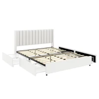 Anda Queen Size Upholstered Platform Bed Frame with 4 Storage Drawers, Tufted Headboard, Wooden Slat Support, No Box Spring Needed, 84.4″ L x 63.5″ W x 39.0″ H, Ivory(m-2)