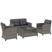 Outsunny 4 Piece Rattan Patio Furniture Set w/ Glass Table Top, Cushions for Backyard, Garden, Poolside, Deck, Charcoal Grey(m-11)