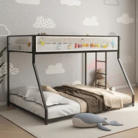 Twin Over Full Bunk Metal Bed Frame with Mesh Guard Rail, Adjustable Ladder, and Noise-Reducing EVA Pad, for Kids Bedrooms, Black(m-1)