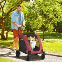 PawHut 4 Wheel Pet Stroller with Storage Basket, Afjustable Handle, Ventilated Oxford Fabric for Medium Size Dogs Cat Red(m-1)