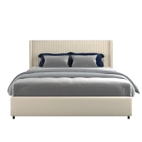Anna Queen Size Velvet Upholstered Wingback Platform Bed Frame with 4 Storage Drawers, Modern Headboard, Wooden Slat Support, No Box Spring Needed, 84.4″ L x 63.5″ W x 39.0″ H, Ivory(m-10)