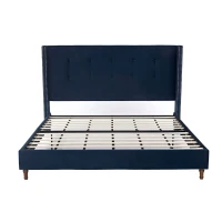 Upholstered Queen Bed Frame with Velvet 54" High Headboard, Traditional Hand Buttoned Tufting, Nailhead Trim Wingback, No Box Spring Needed, Blue(m-11)