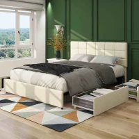 Queen Size Velvet Upholstered Platform Bed Frame with 4 Storage Drawers, Adjustable Headboard, Wooden Slat Support, No Box Spring Required, 64.7"L x 83.2"W x 37/43"H, Ivory(m-1)