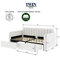 Flora Twin Size Upholstered Daybed Frame with 2 Drawers, Ribbed Tufted Backrest, Dust-Proof Drawers, Bentwood Slat System, Easy Assembly, Ivory(m-3)