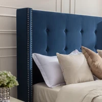 Upholstered Queen Bed Frame with Velvet 54" High Headboard, Traditional Hand Buttoned Tufting, Nailhead Trim Wingback, No Box Spring Needed, Blue(m-9)