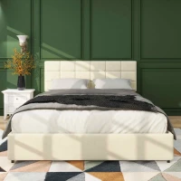 Queen Size Velvet Upholstered Platform Bed Frame with 4 Storage Drawers, Adjustable Headboard, Wooden Slat Support, No Box Spring Required, 64.7"L x 83.2"W x 37/43"H, Ivory(m-5)