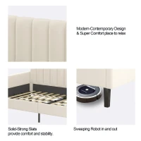 Elena Twin Size Velvet Upholstered Daybed Frame with Ribbed Tufted Backrest, Squeak-Free Durable Metal Frame, Bentwood Slat System, Easy Assembly, Ivory(m-5)