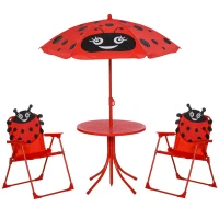 Outsunny Kids Folding Picnic Table and Chair Set Pattern Outdoor Garden Patio Backyard with Removable & Height Adjustable Sun Umbrella Red(m-2)