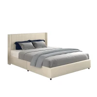 Anna Queen Size Velvet Upholstered Wingback Platform Bed Frame with 4 Storage Drawers, Modern Headboard, Wooden Slat Support, No Box Spring Needed, 84.4″ L x 63.5″ W x 39.0″ H, Ivory(m-9)