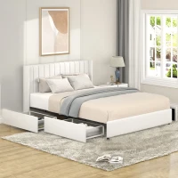 Anda Queen Size Upholstered Platform Bed Frame with 4 Storage Drawers, Tufted Headboard, Wooden Slat Support, No Box Spring Needed, 84.4″ L x 63.5″ W x 39.0″ H, Ivory(m-1)