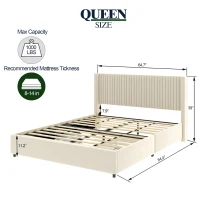 Queen Size Velvet Upholstered Platform Bed Frame with 2 Drawers, Wingback Headboard, Wooden Slat Support, No Box Spring Needed, 84.4″ L x 64.7″ W x 39.0″ H, Ivory(m-3)