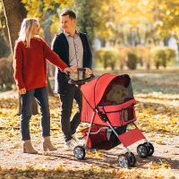 PawHut 4 Wheel Dog Pet Stroller Dog Cat Carrier Folding Sunshade Canopy with Brake, Red(m-1)