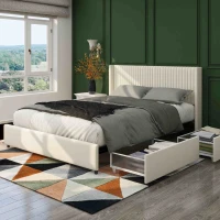Anna Queen Size Velvet Upholstered Wingback Platform Bed Frame with 4 Storage Drawers, Modern Headboard, Wooden Slat Support, No Box Spring Needed, 84.4″ L x 63.5″ W x 39.0″ H, Ivory(m-1)